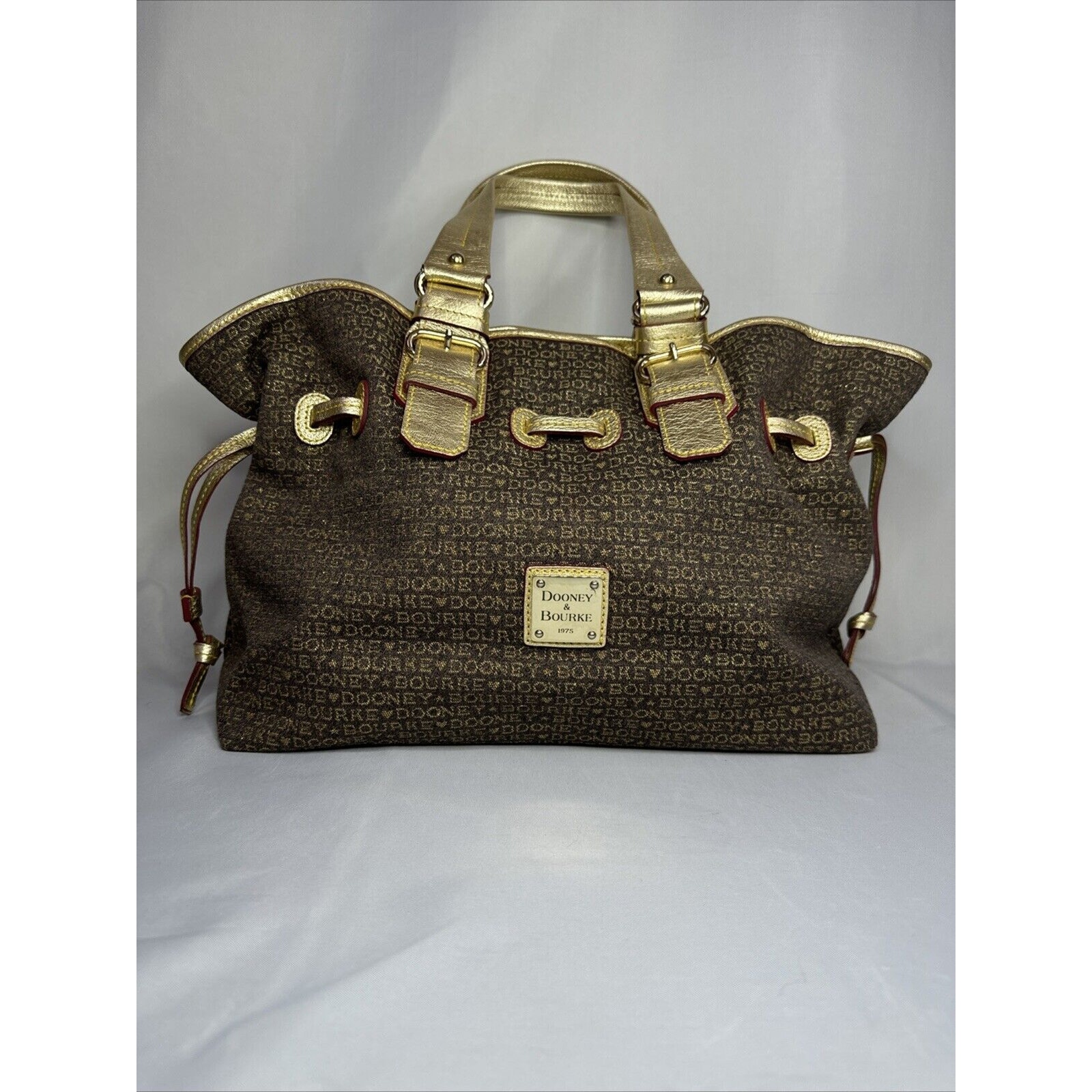 Brown And Gold Dooney And Bourke Small Print Chiara Tote Handbag Purse